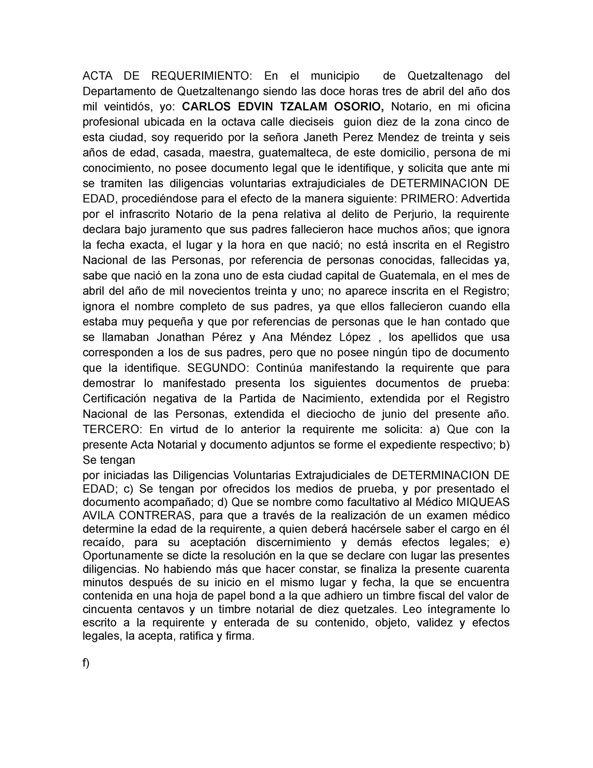 Acta De Requerimiento De Determinacion De Edad Acta De Requerimiento