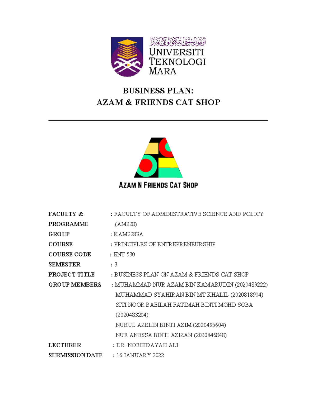 Business PLAN (AZAM & Friends CAT SHOP) - BUSINESS PLAN: AZAM & FRIENDS ...