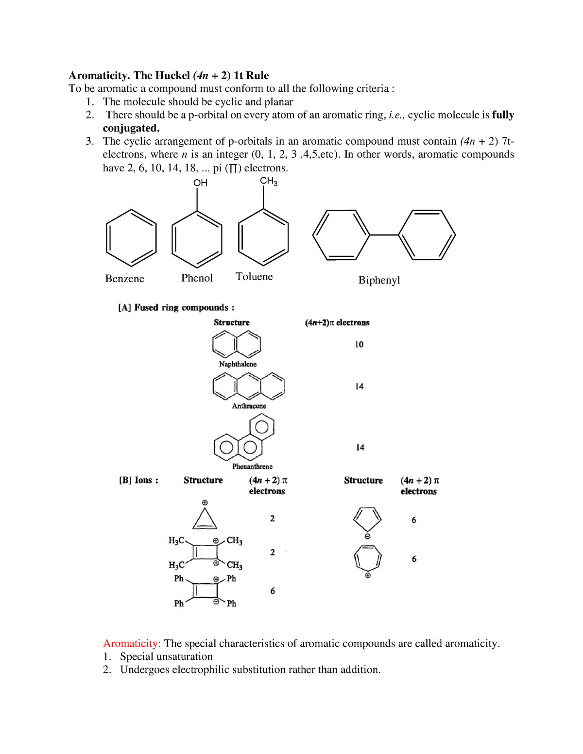 Aromaticity Lecture Notes 11 Aromaticity The Huckel 4n 2 1t Rule To Be Aromatic A Compound Studocu