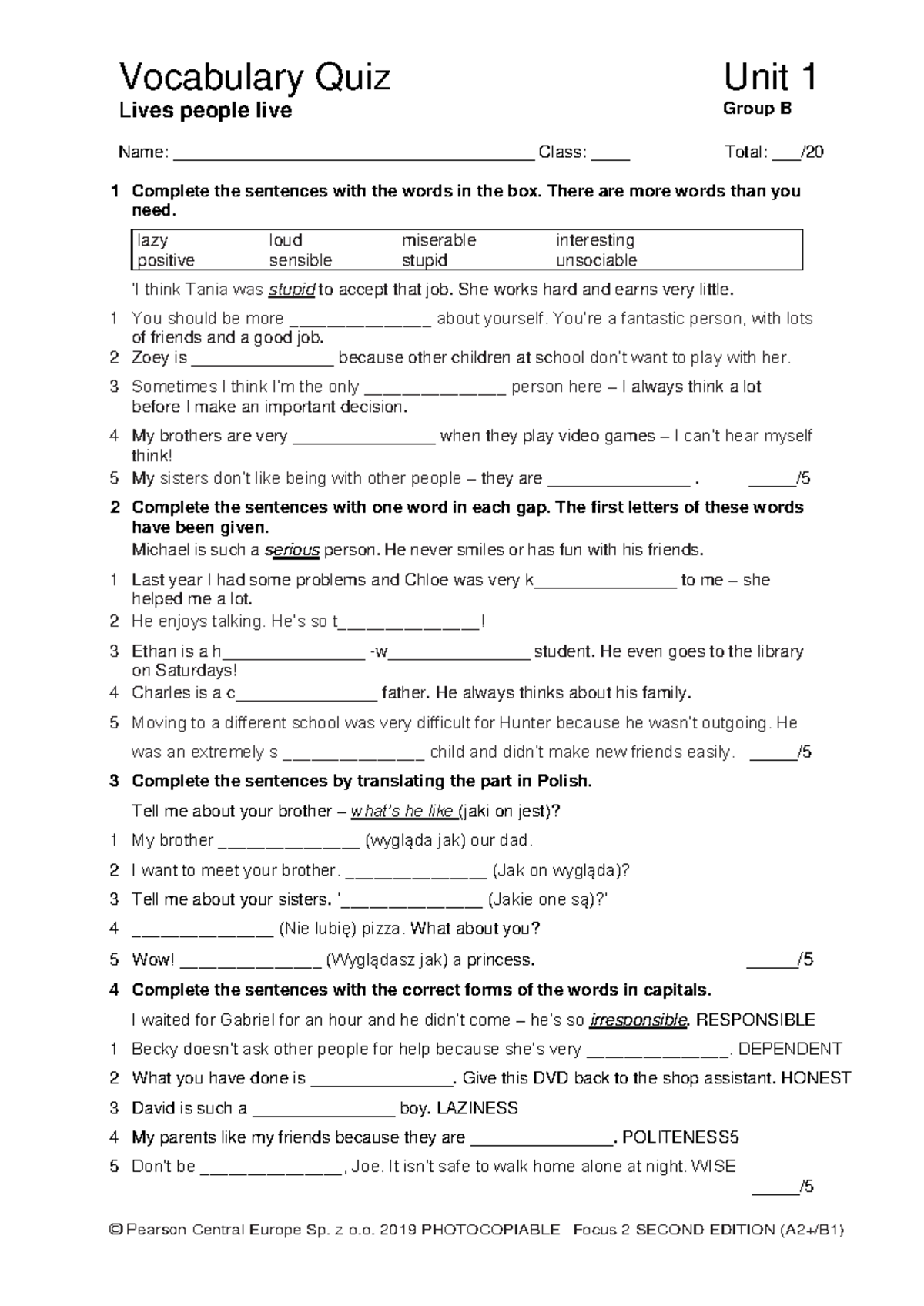Sprawdzian J.angielski 1 Liceum Focus Review 2 www.studocu.com