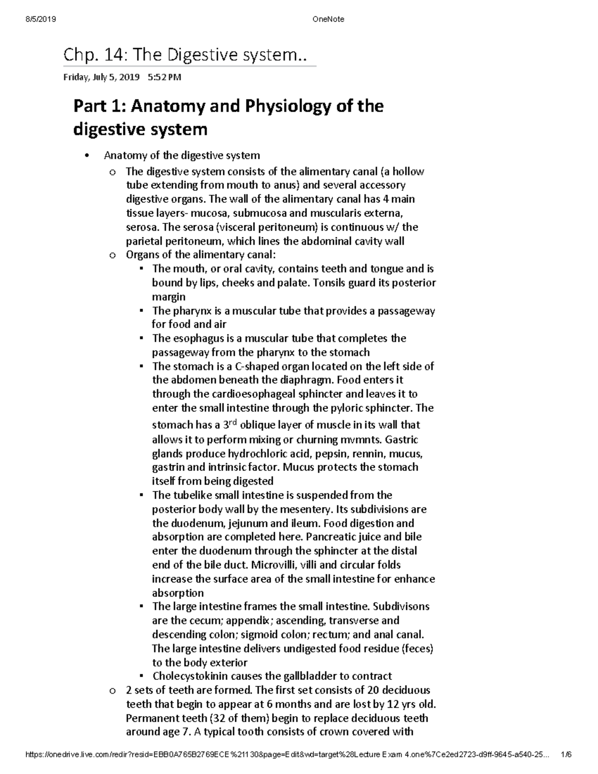 Bio 2404 - Chp 14 summary - OneNote Chp. 14: The Digestive system ...