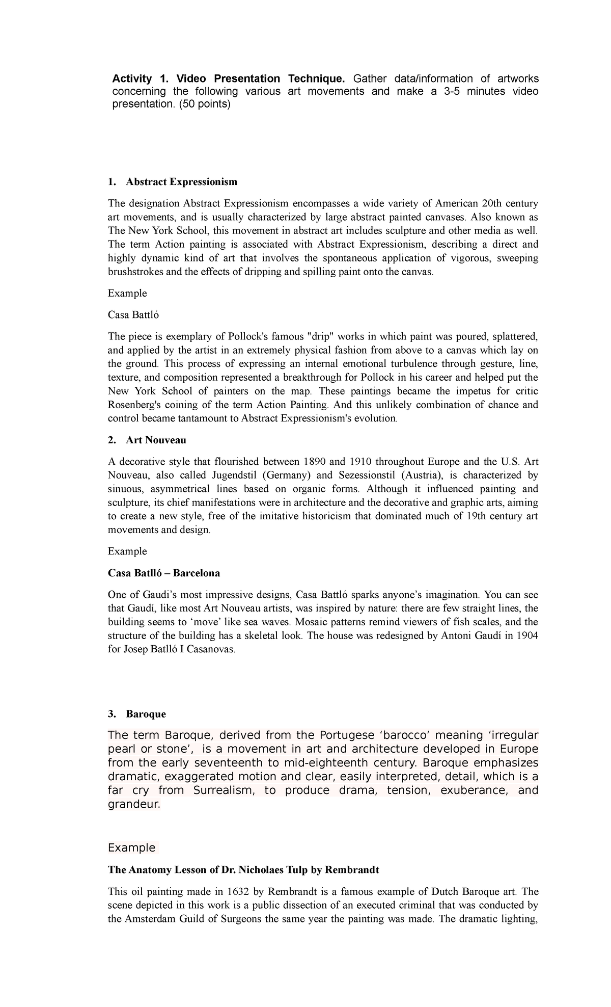 Data and information of artworks Activity 1. Video Presentation