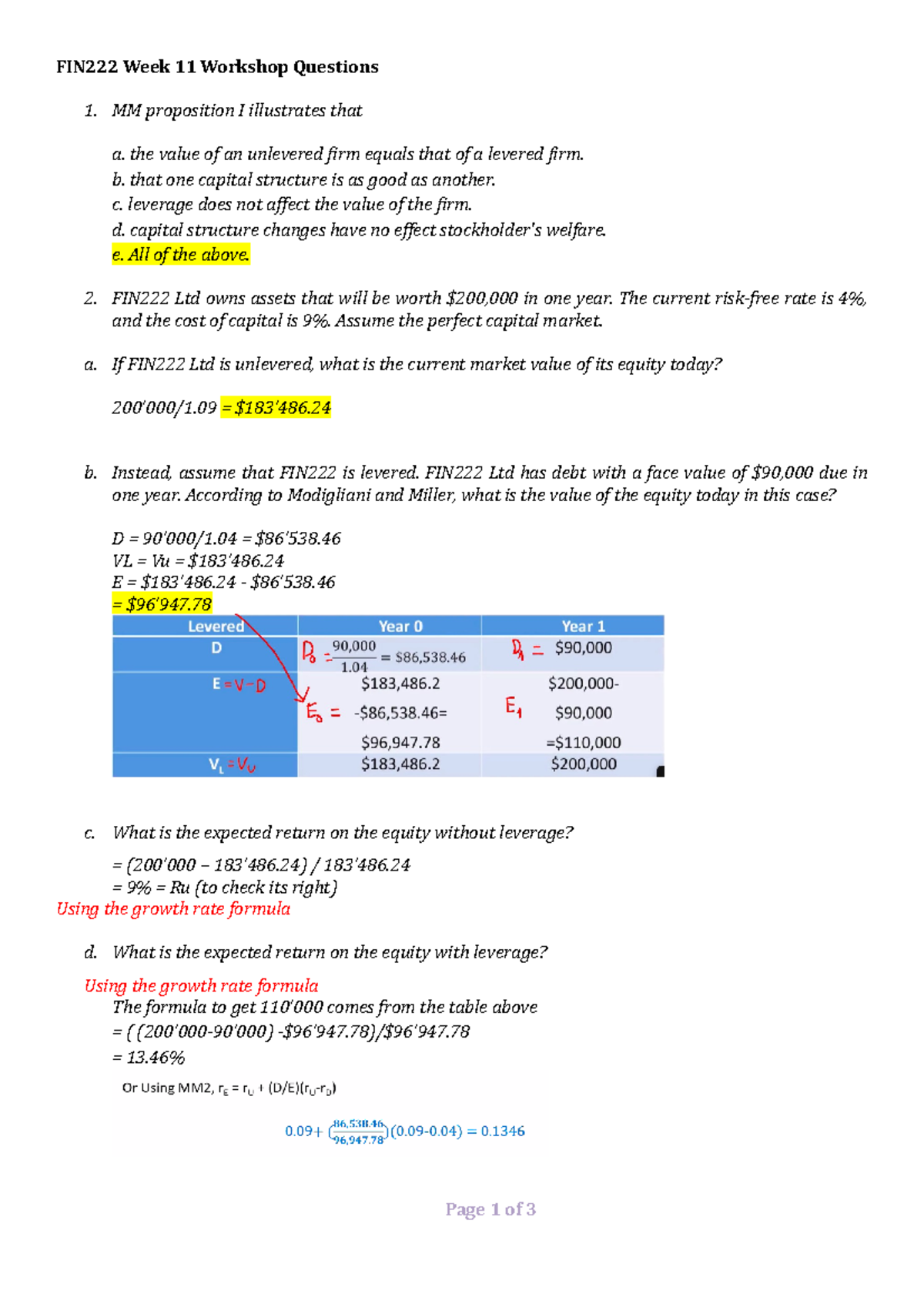 Week 11 W Q - Capital Structure Practice Questions - FIN222 Week 11 ...