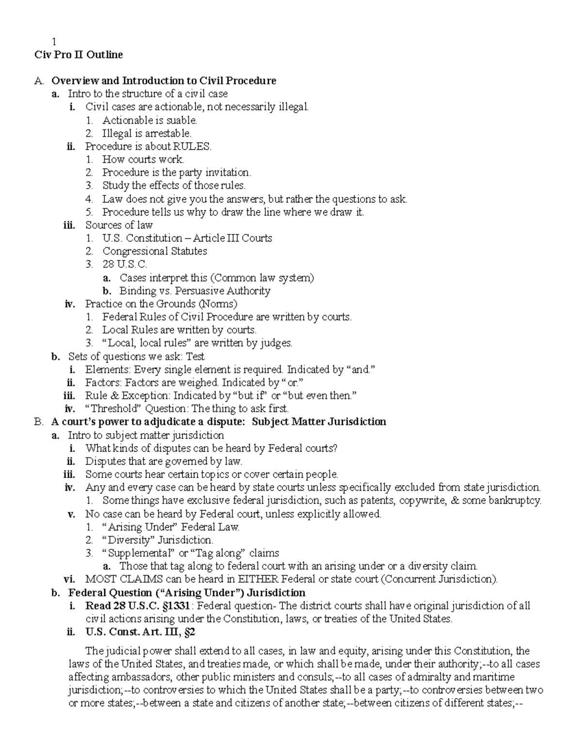 Civil Procedure 2 Notes - Civ Pro II Outline A. Overview And ...