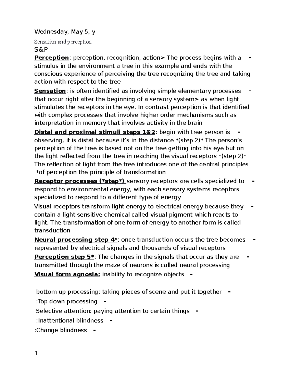 S&P - Lecture notes 3 - Sensation and perception S&P - Perception ...