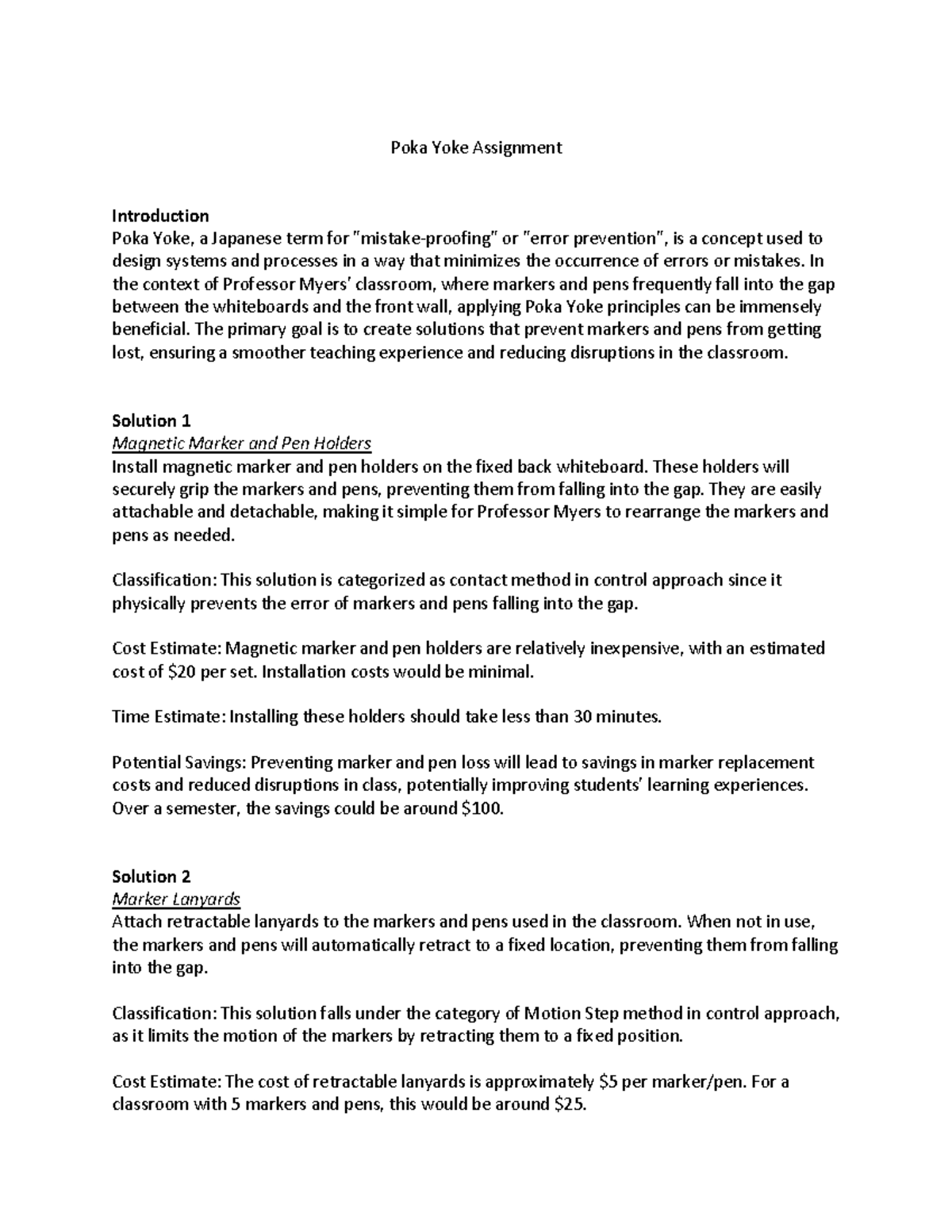 Poka Yoke Assignment Poka Yoke Assignment Introduction Poka Yoke, a