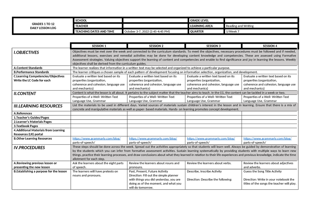 RW Q1 W7 - Daily Lesson Log - GRADES 1 TO 12 DAILY LESSON LOG SCHOOL ...