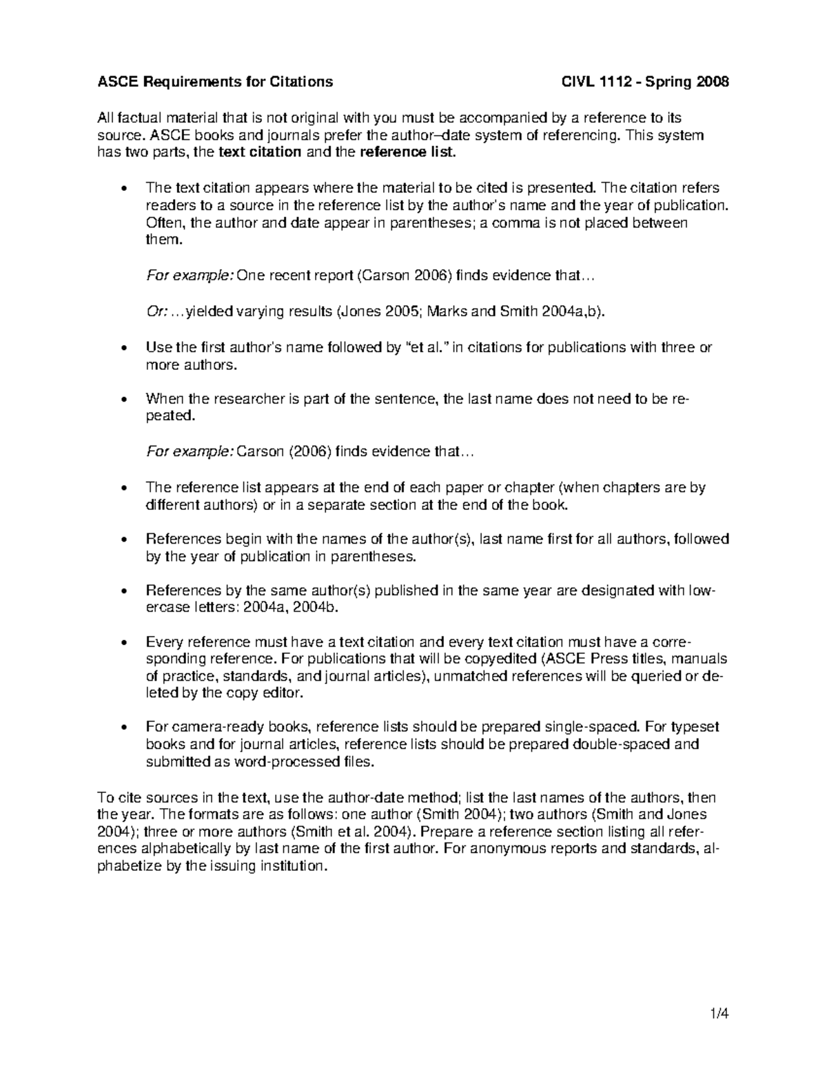 Asce Citation Guide S08 Civl 1112 Asce Requirements For Citations Civl Spring 08 All Factual Material That Is Not Original With You Must Be Accompanied Studocu