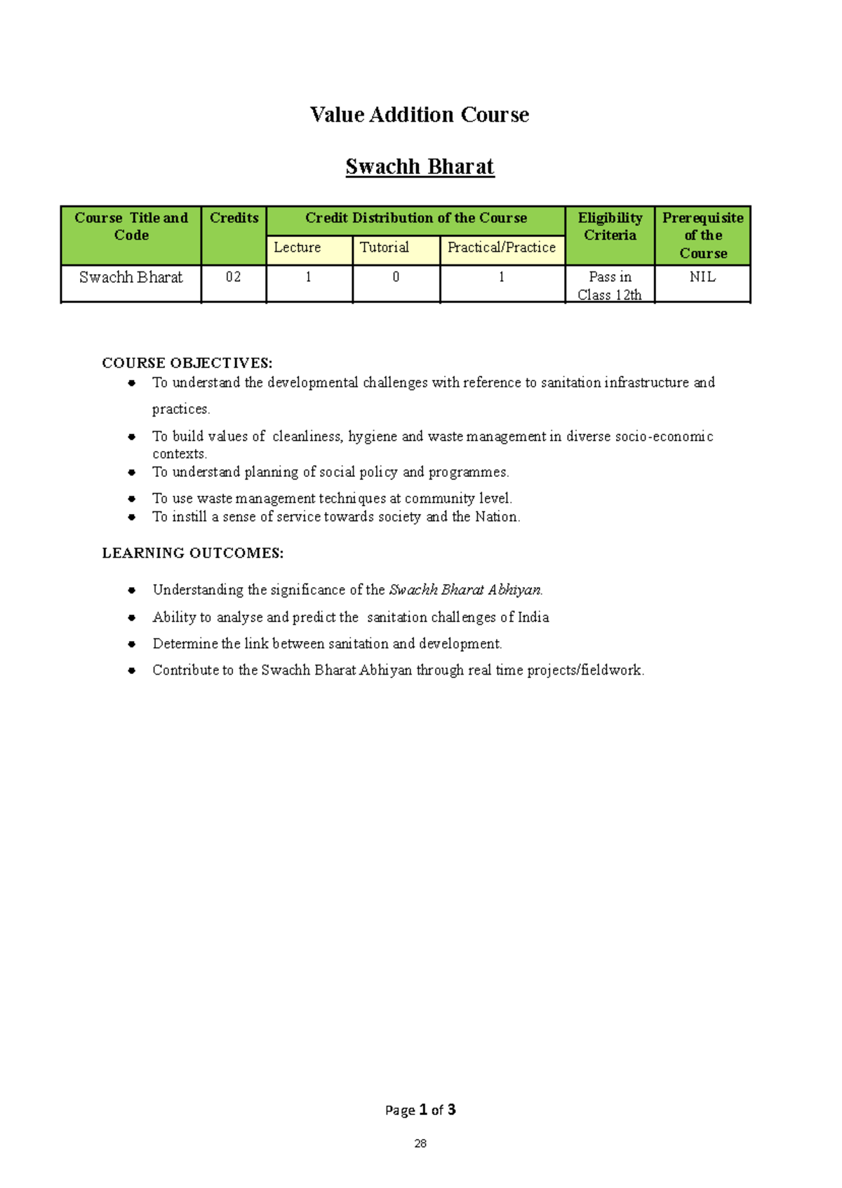 Swachh Bharat Syllabus Value Addition Course Swachh Bharat Course