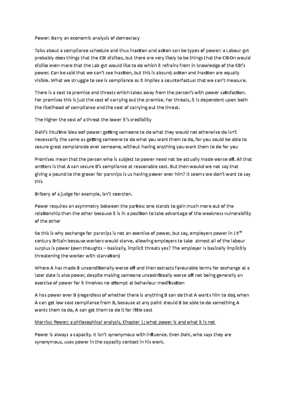 Power - Summary Theory of Politics - Power: Barry an economic analysis ...