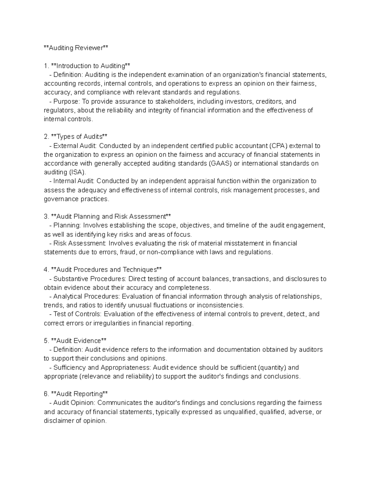 Auditing notes - Auditing Reviewer Introduction to Auditing Definition ...
