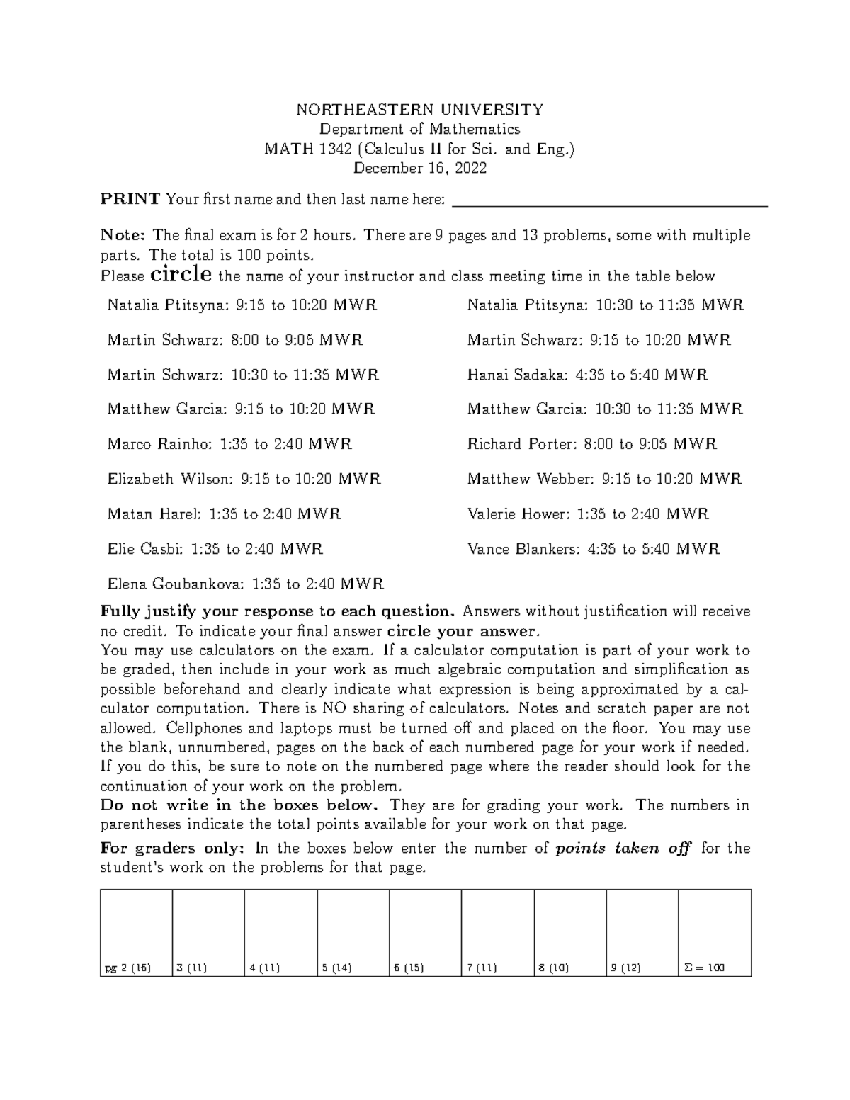 1342 Final FALL 2022 NORTHEASTERN UNIVERSITY Department of