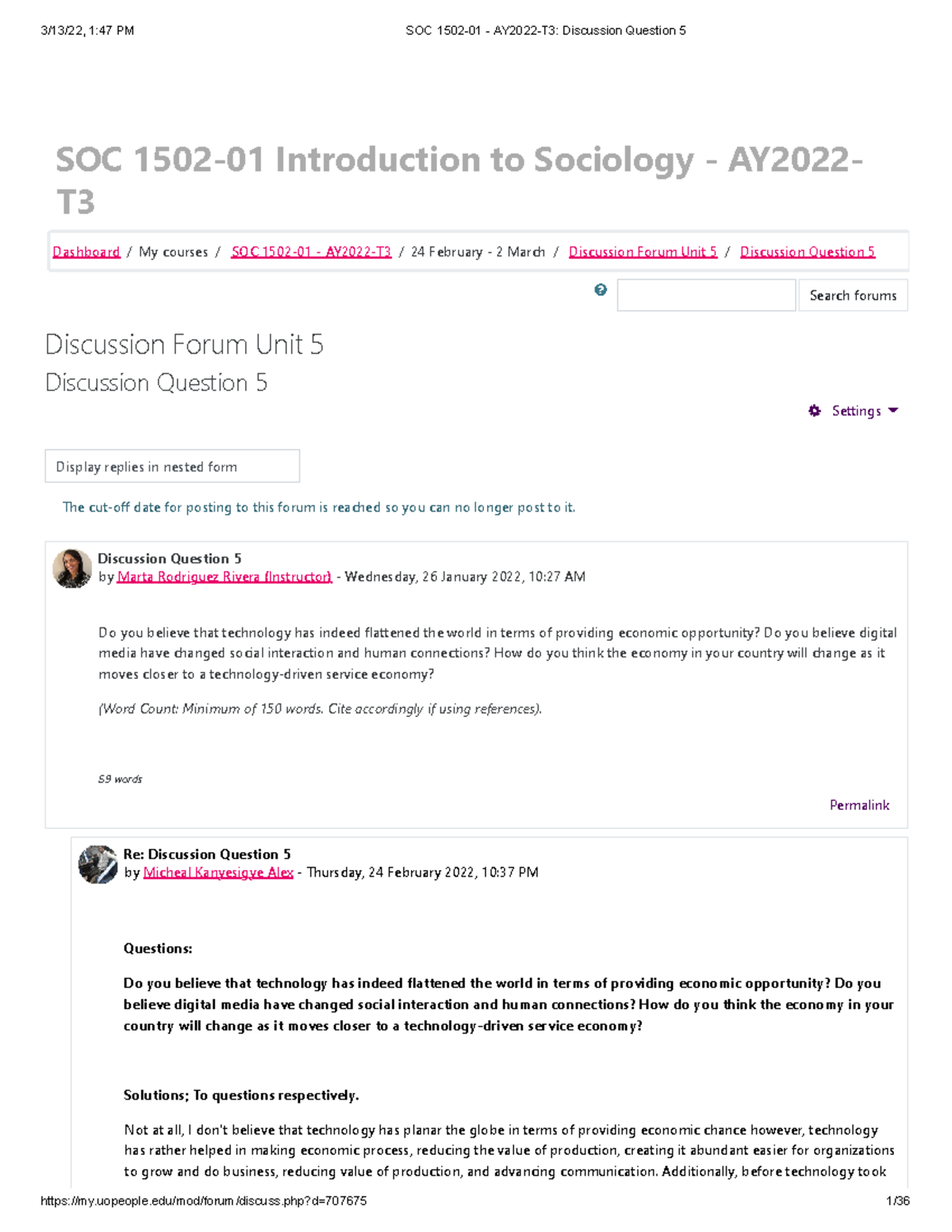 SOC 1502-Discussion Question 5 - SOC 1502-01 Introduction To Sociology ...