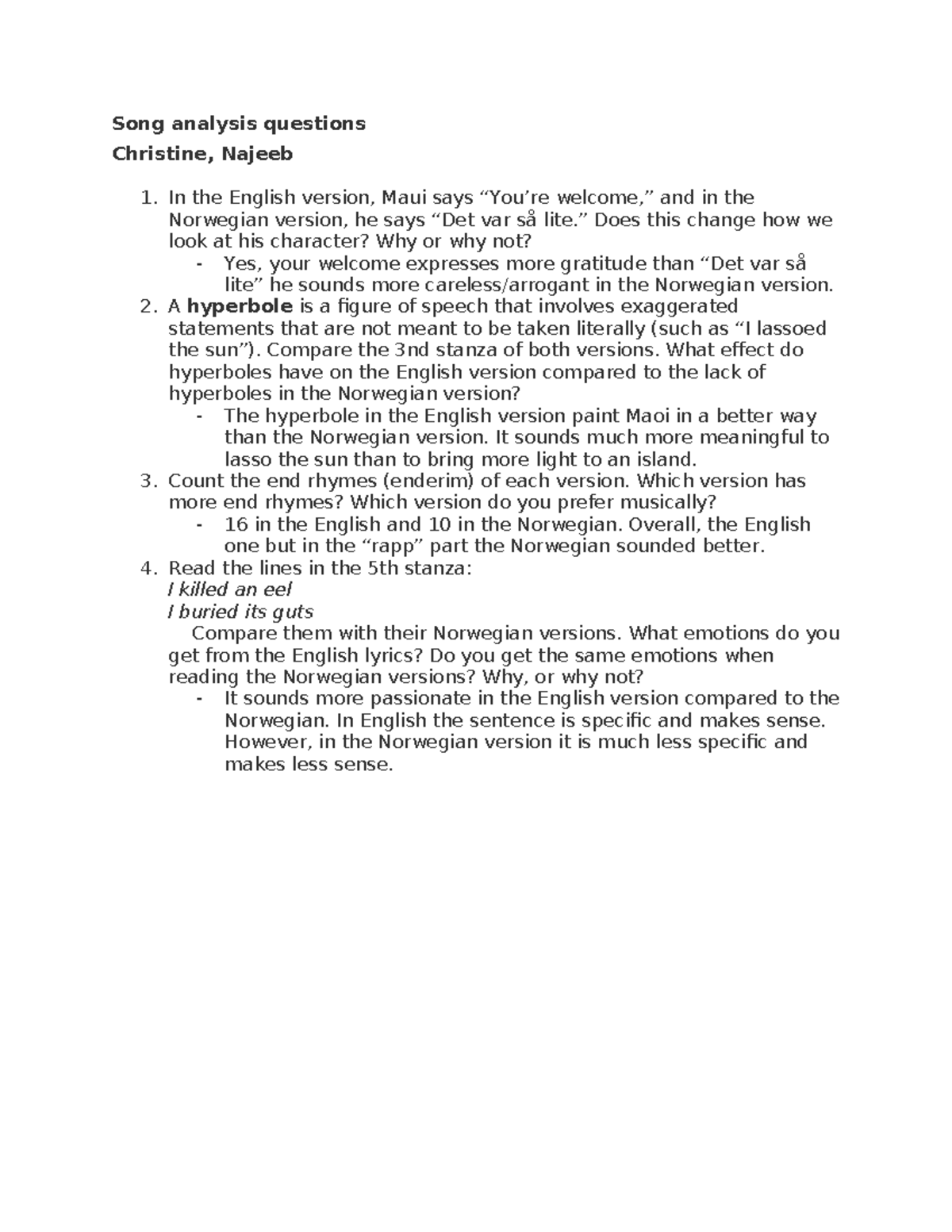 Song analysis questions - Song analysis questions Christine, Najeeb 1 ...
