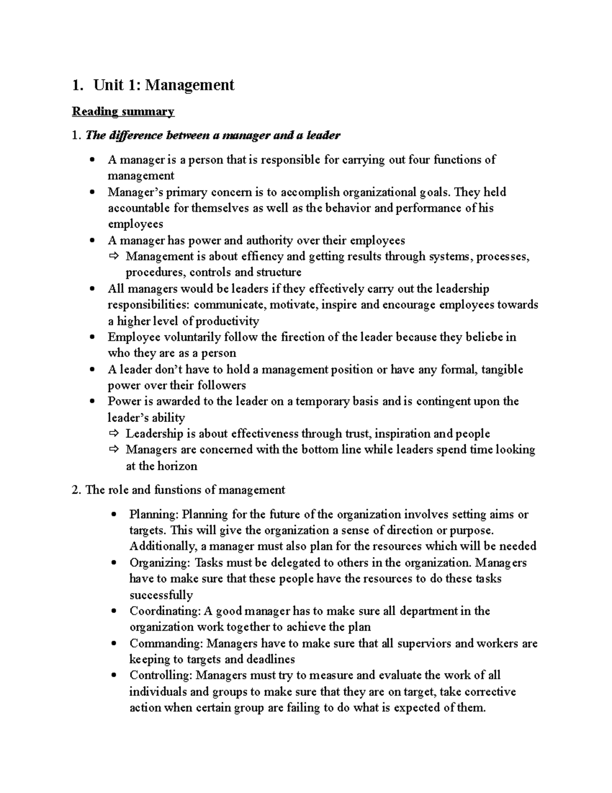 Business English Syllabus - 1. Unit 1: Management Reading summary The ...