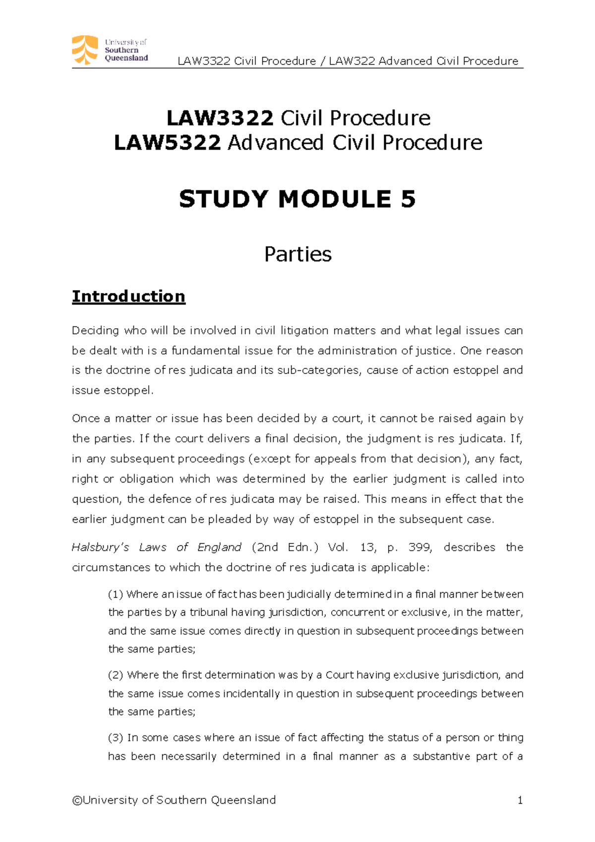 Study Module 5 Civil Procedure - LAW3322 Civil Procedure LAW5322 ...