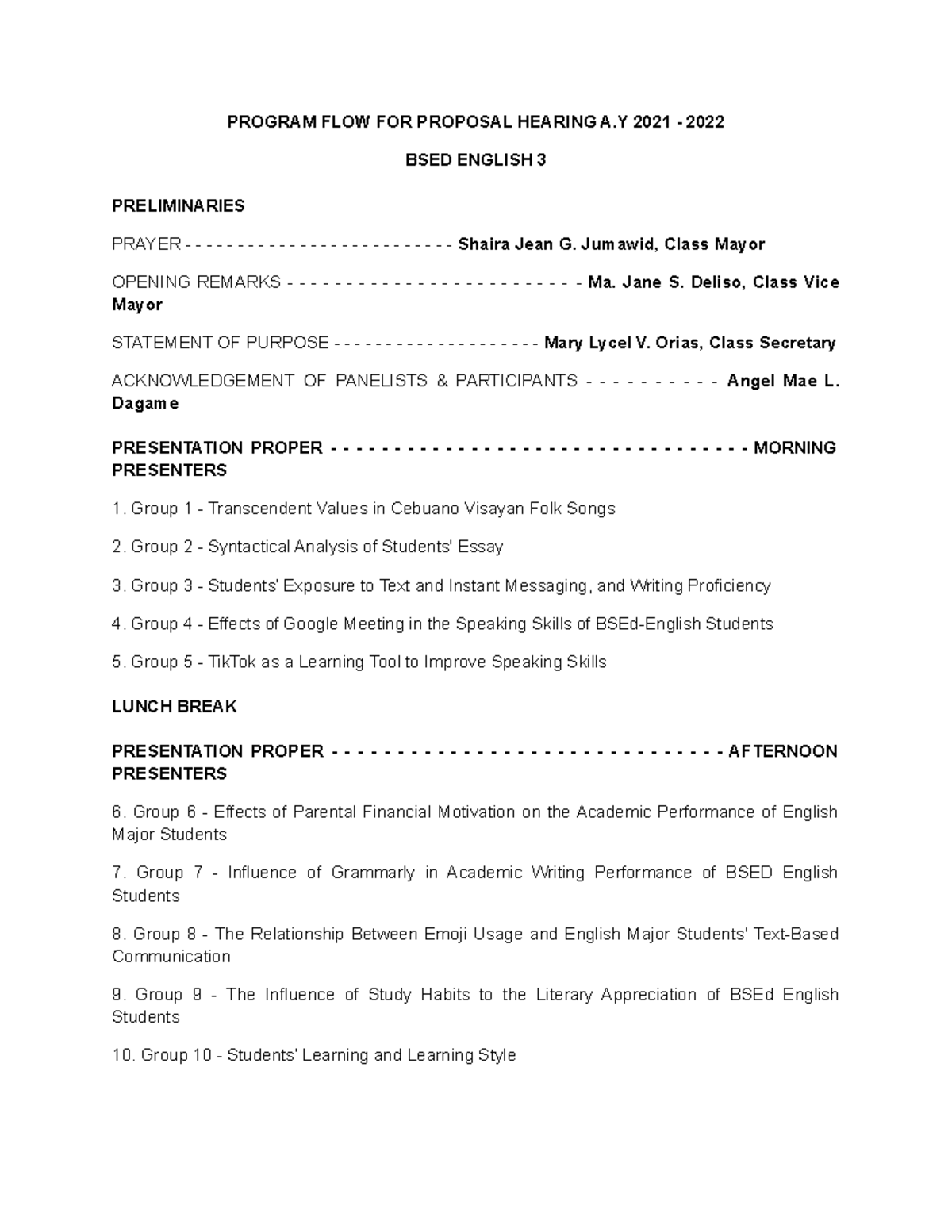 BSED English 3 Program Flow for Proposal Hearing - PROGRAM FLOW FOR ...