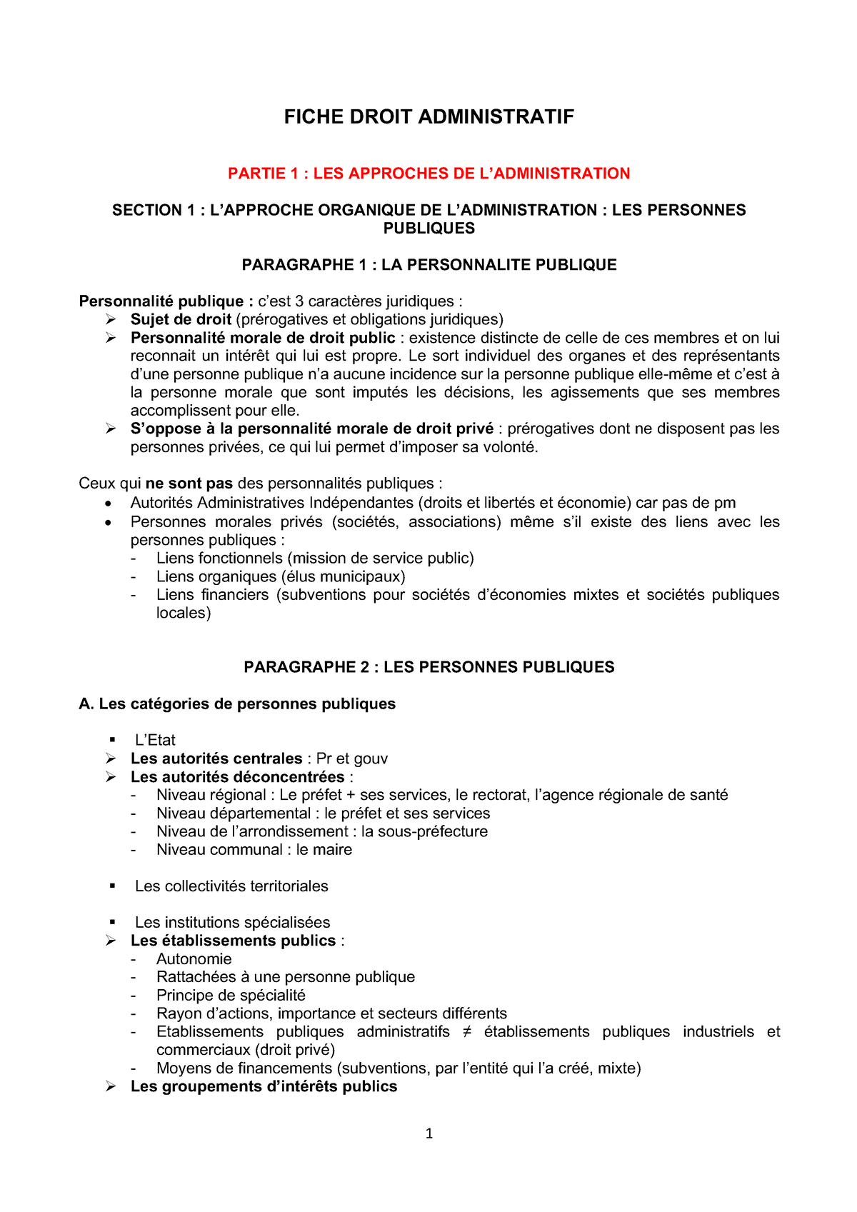 Fiche Droit Administratif 1 - FICHE DROIT ADMINISTRATIF PARTIE 1 : LES ...