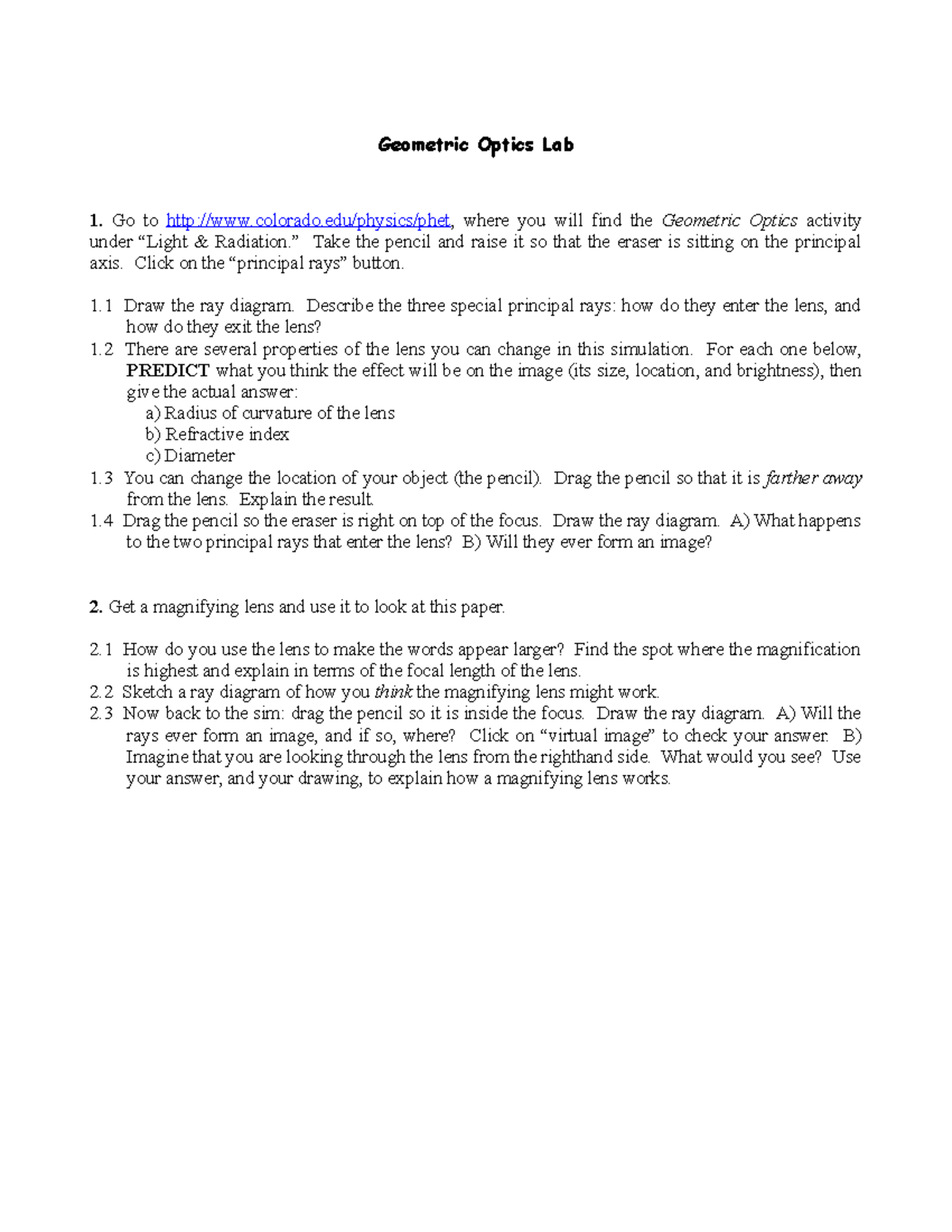 Geometric optics phet Hope it can help. Geometric Optics Lab 1. Go