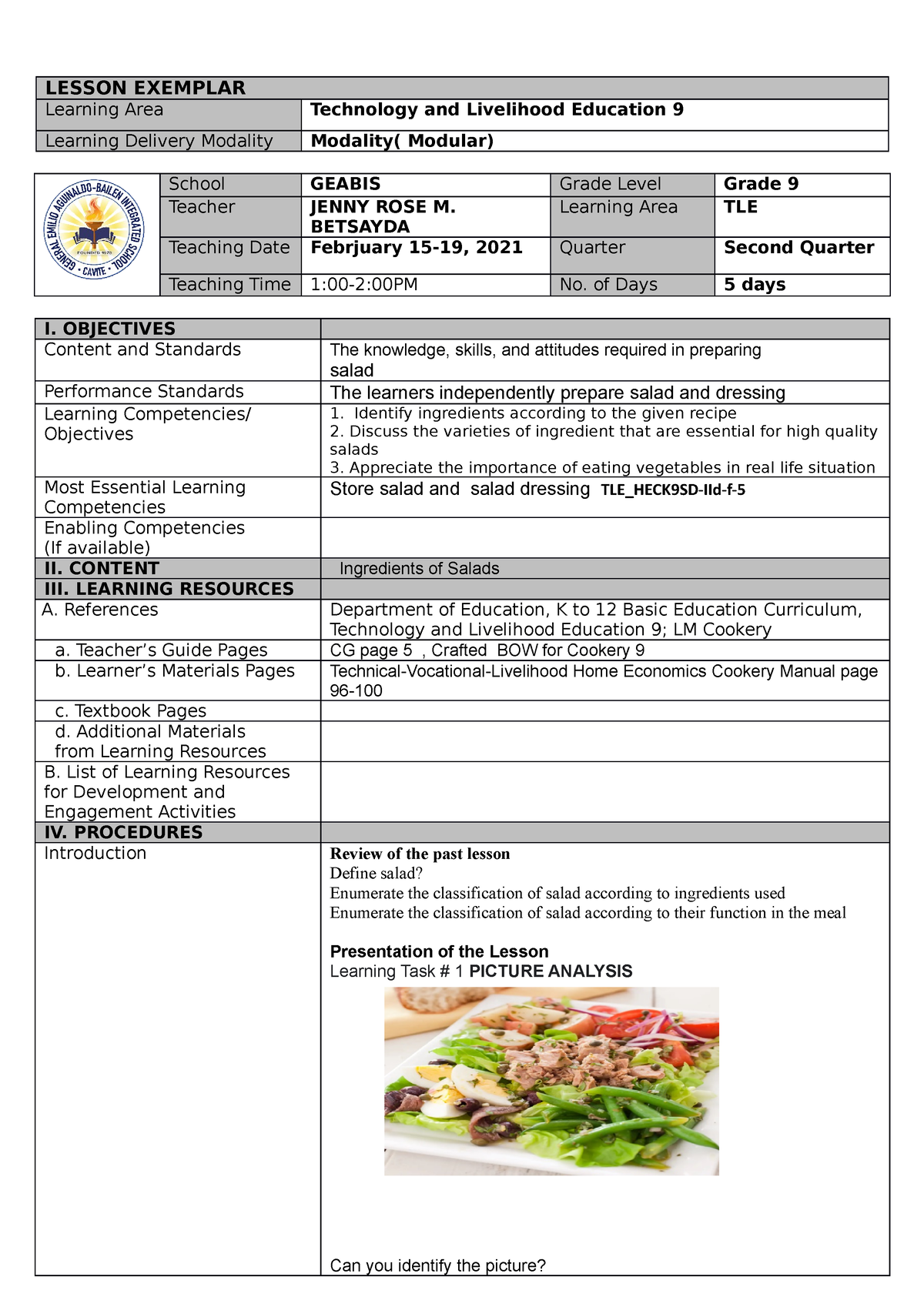 LE-TLE For Demo - Module - LESSON EXEMPLAR Learning Area Technology And ...