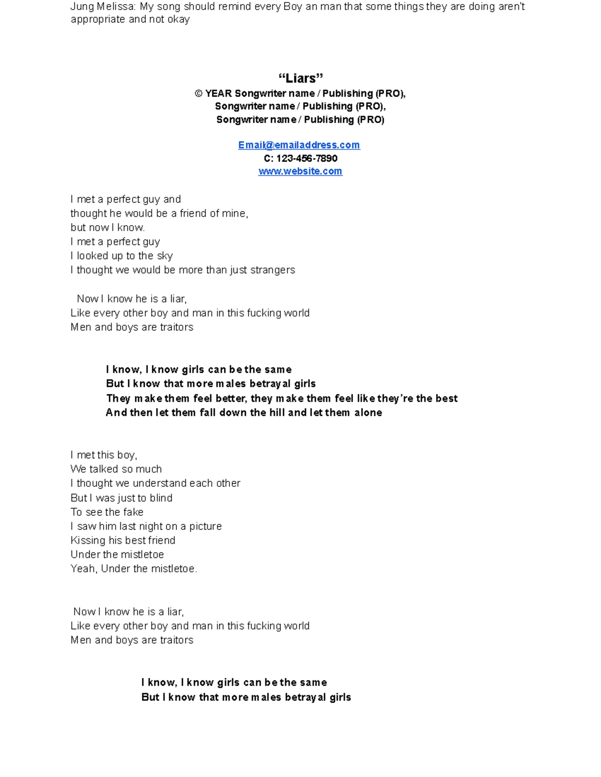 Blank Lyric Sheet Template - Jung Melissa: My song should remind every