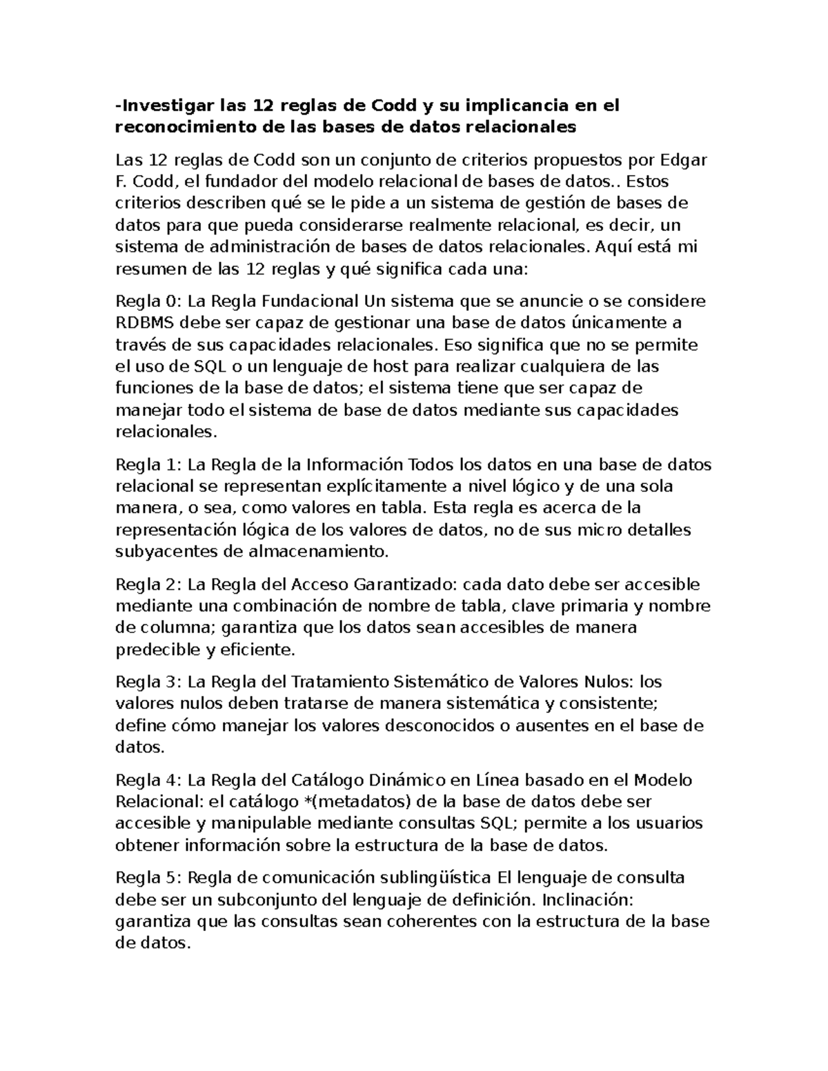 Base de datos -Investigar las 12 reglas de Codd y su implicancia en el ...