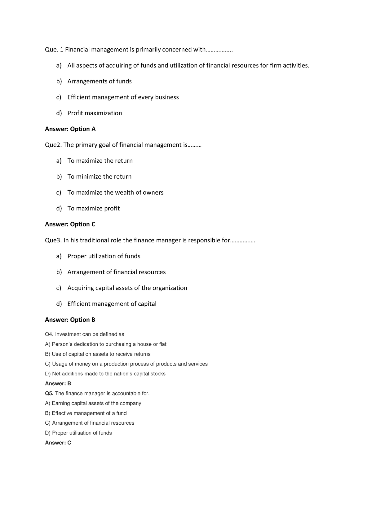 Fin302 MCQs - Mcqs - Que. 1 Financial Management Is Primarily Concerned ...