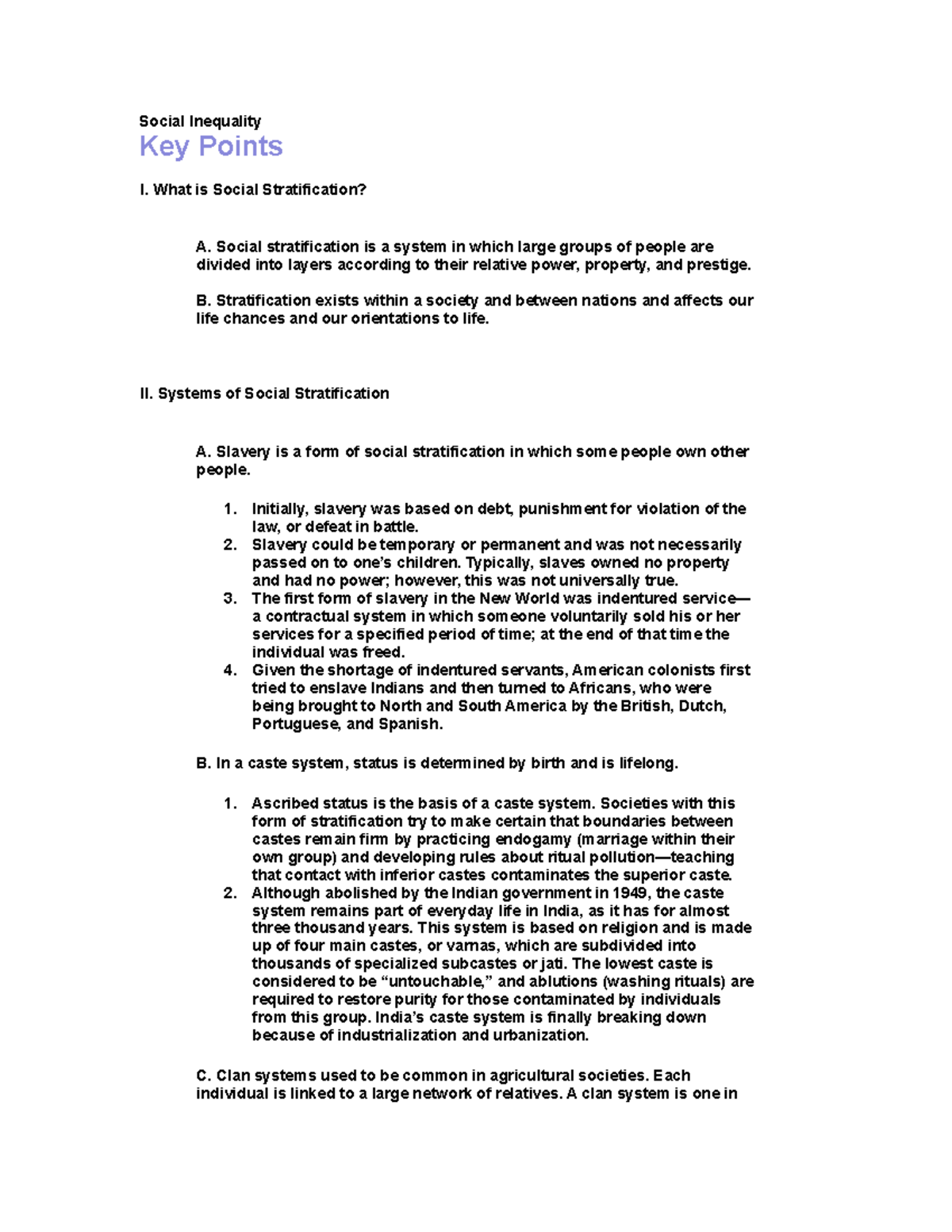 SYG14 stratification - Lecture notes 1 - Social Inequality Key Points I ...
