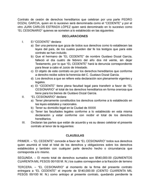 Contrato DE Cesión DE Derechos Hereditarios - Contrato de cesión de derechos  hereditarios que - Studocu