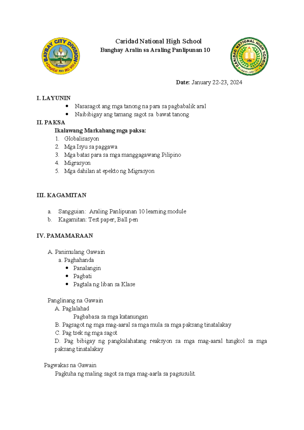 LP sa Pagsusulit - Caridad National High School Banghay Aralin sa ...