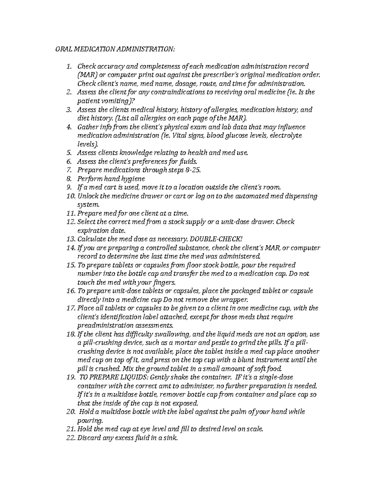 Summary tutorial work 1 Oral medication administration steps ORAL