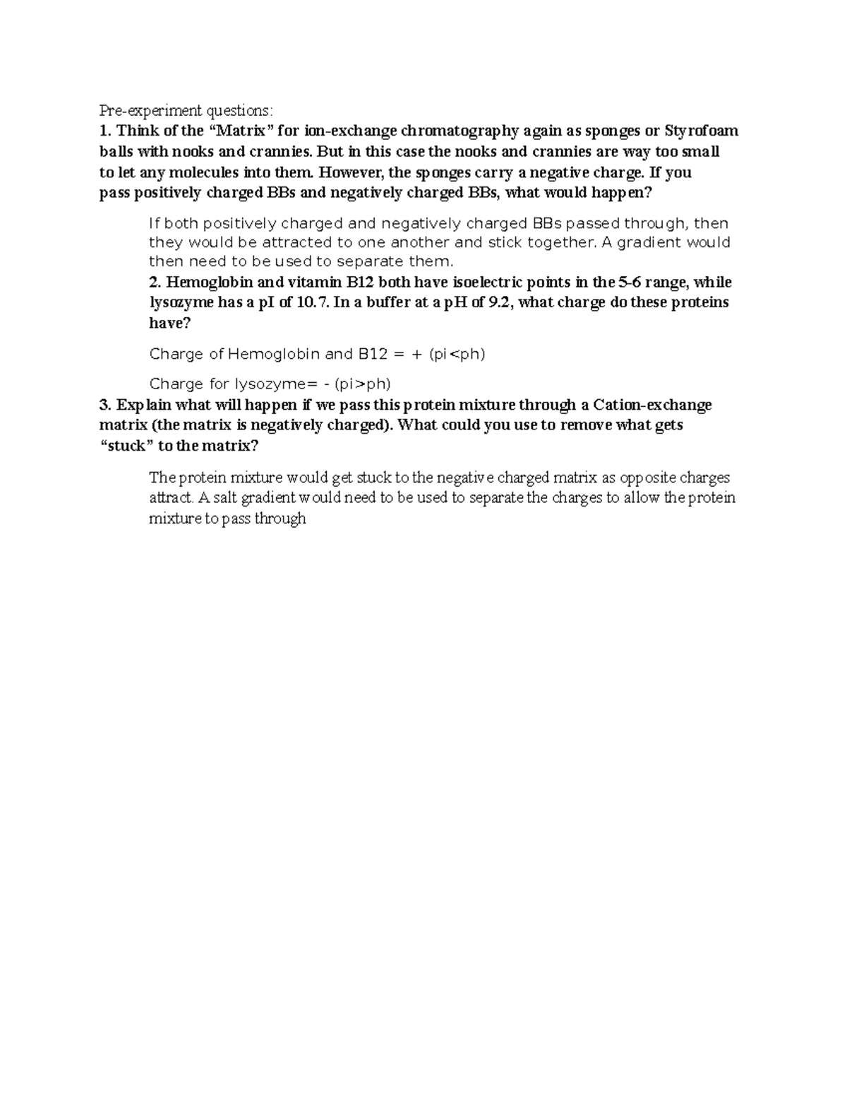 Ion Exchange Chromatography PreLab Preexperiment questions Think