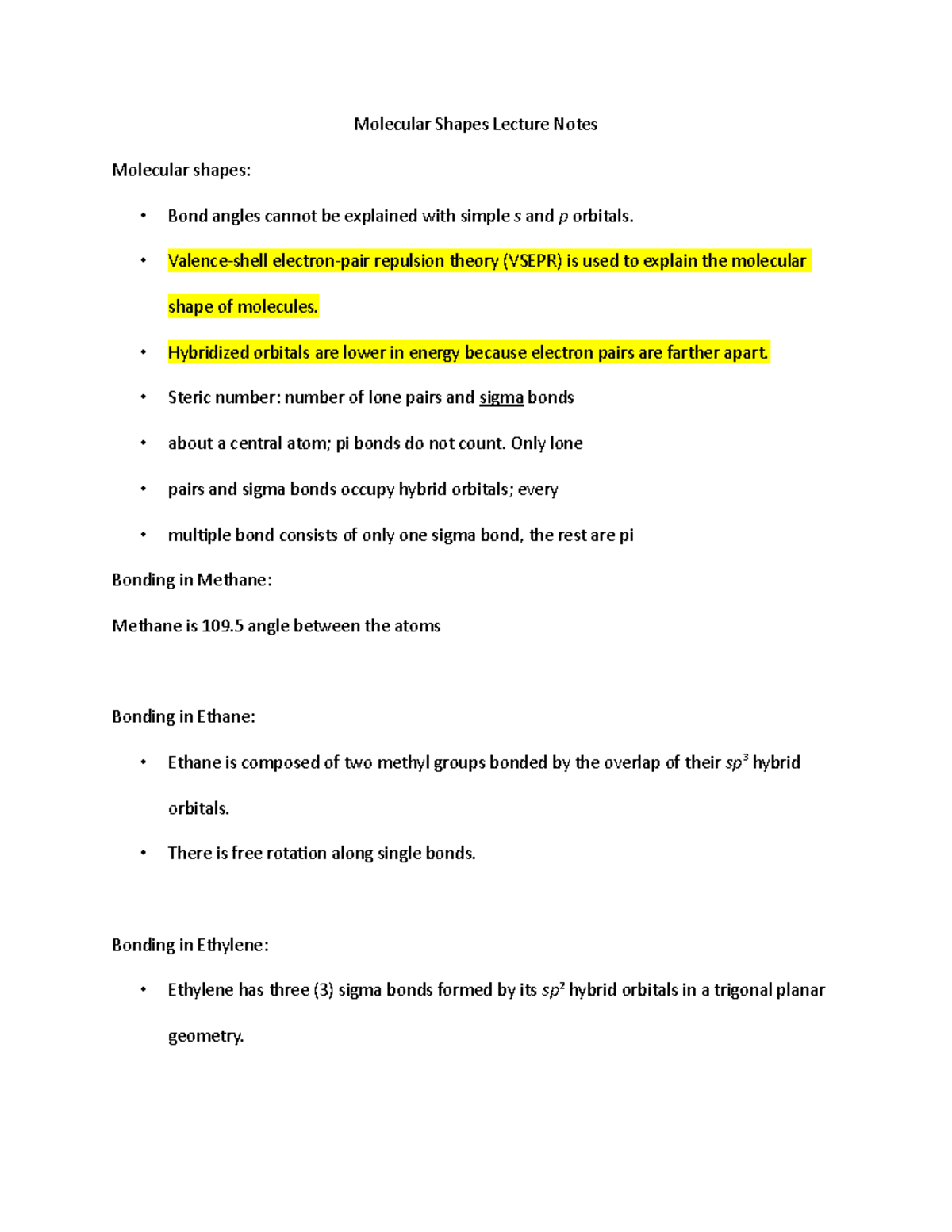 Molecular Shapes Lecture Notes - Molecular Shapes Lecture Notes ...