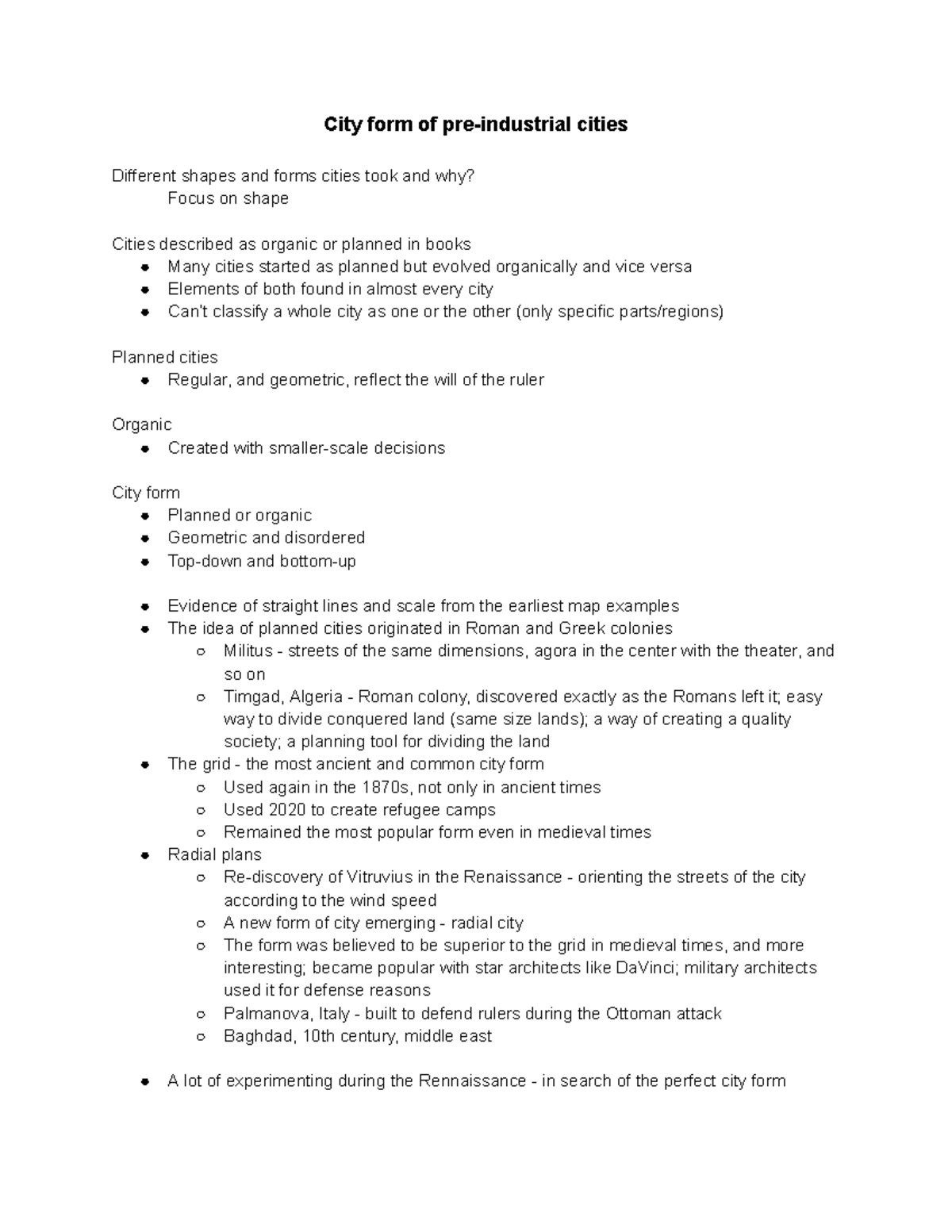 HT 3.2 Lecture 2 City form of preindustrial cities Different shapes and forms cities took and