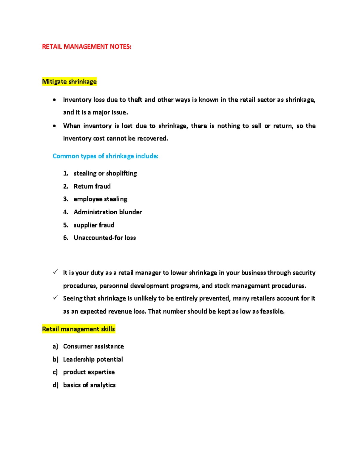 Retail Management - RETAIL MANAGEMENT NOTES: Mitigate shrinkage ...