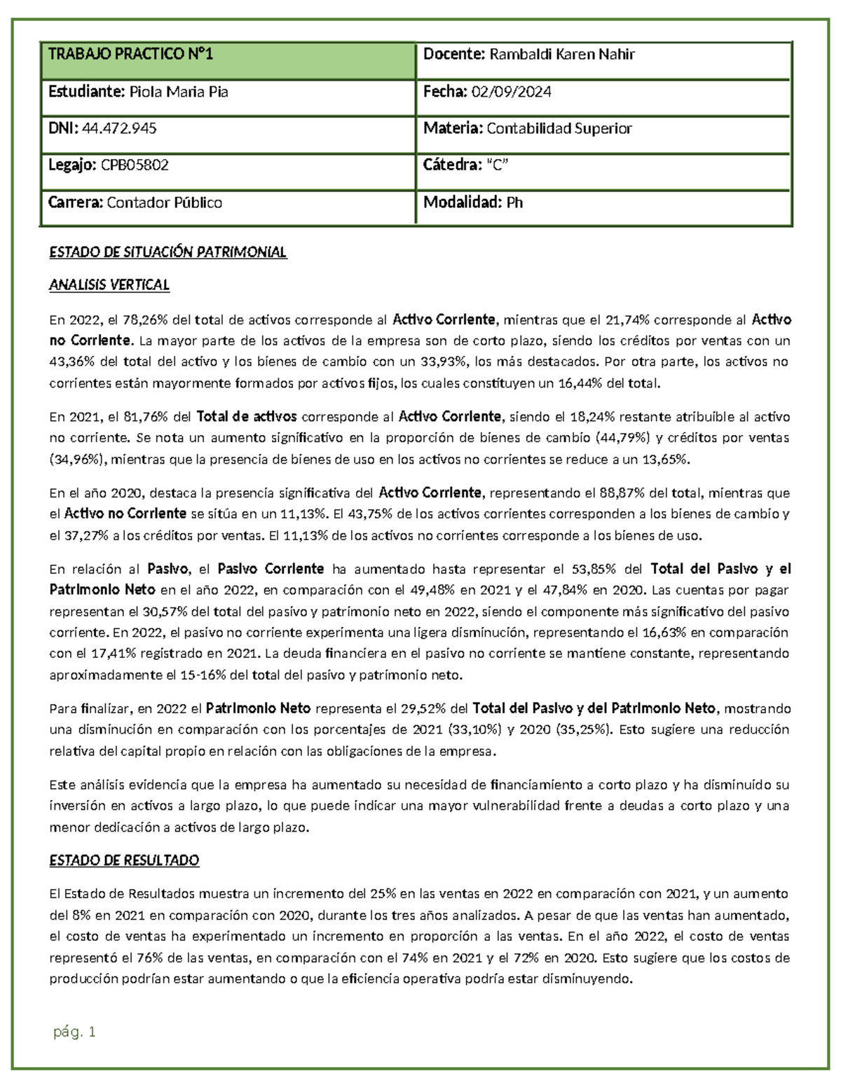 Tp 1 Informe - ESTADO DE SITUACIÓN PATRIMONIAL ANALISIS VERTICAL En ...
