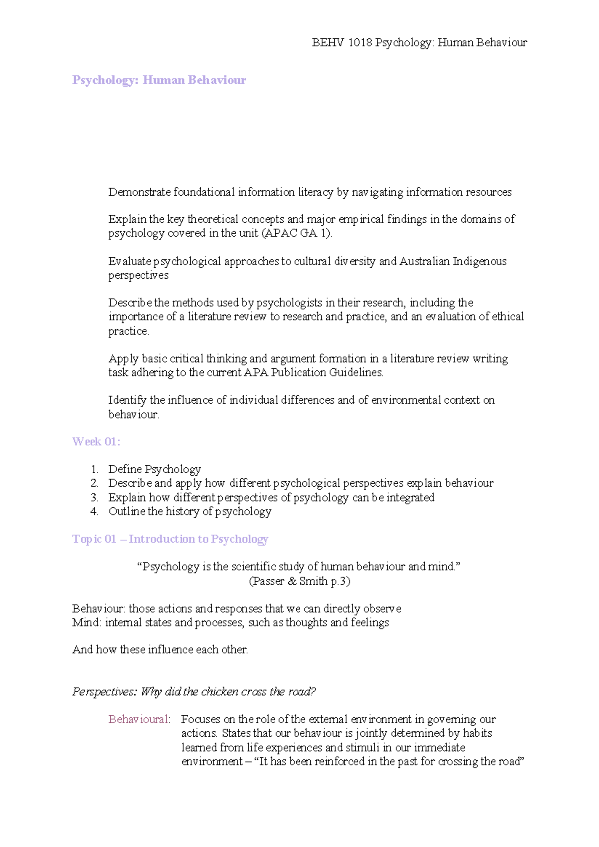 BEHV1018 Psychology Human Behaviour Week 1 Lecture - Psychology: Human ...