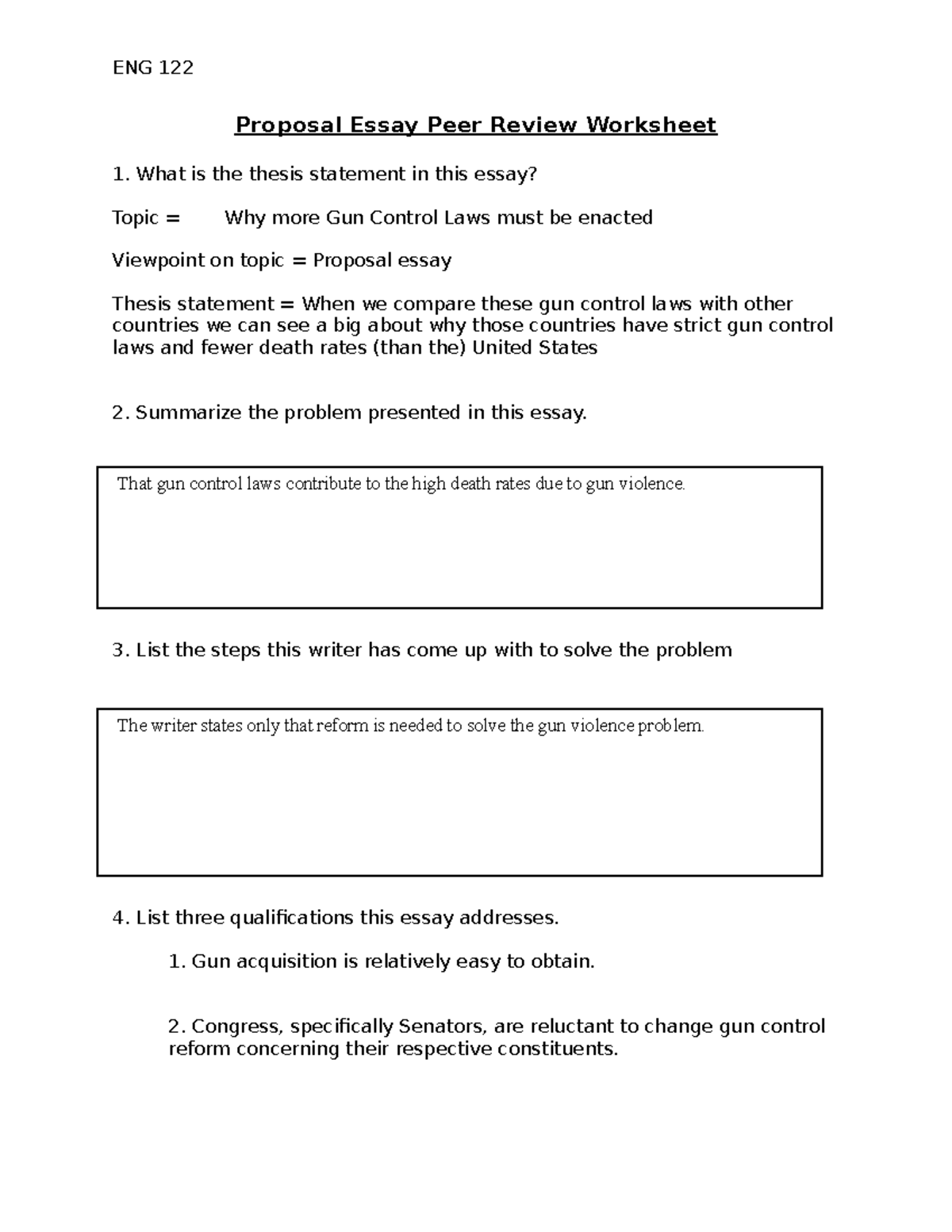 ENG 122 proposal essay peer review worksheet online-Gun Control - ENG ...