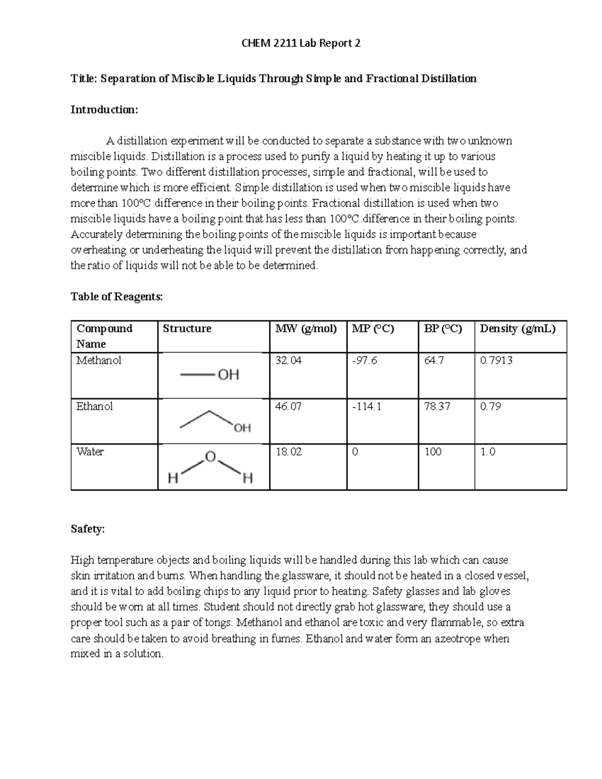 Prelab 2 lab 2 Title Separation of Miscible Liquids Through