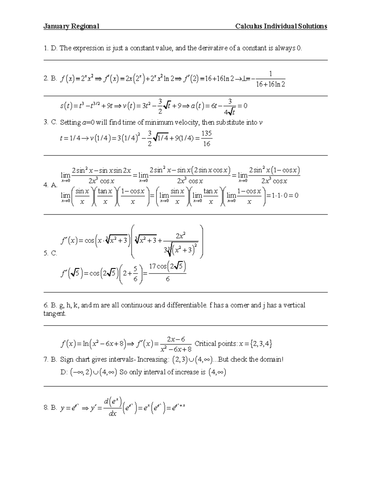 7513 S January Regional Calculus Solutions - 1. D. The expression is ...