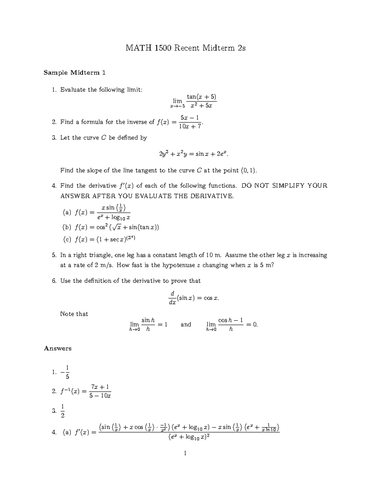 Sample/practice exam 2018, questions and answers - MATH 1500 Recent ...