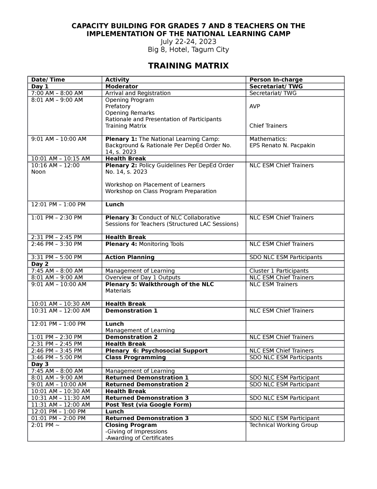 Training Matrix - Traning Matrx for NLC - Junior High School - SINHS ...