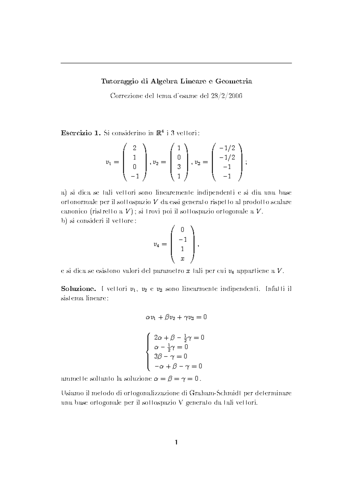 Tutoraggio Di Algebra Lineare E Geometria - Si Considerino In R4 I 3 ...