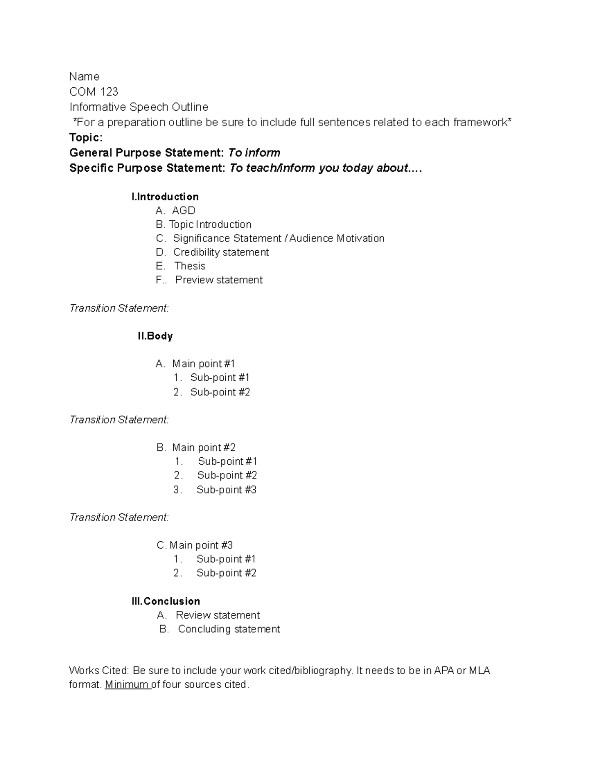 Outline work - Name COM 123 Informative Speech Outline For a ...