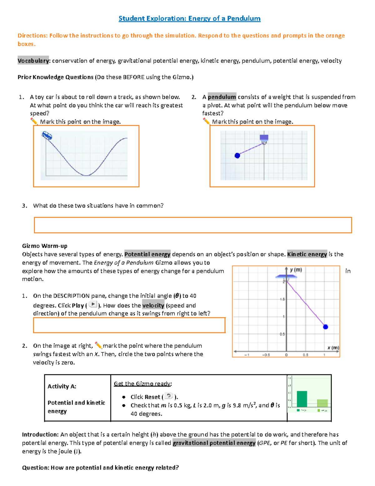 Gizmoenergy of a pendulum Student Exploration Energy of a Pendulum