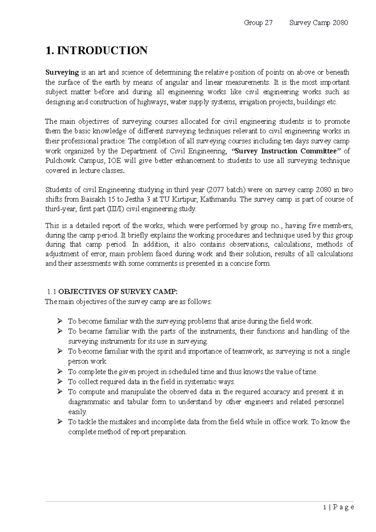 Survey Camp theory - 1. INTRODUCTION Surveying is an art and science of ...