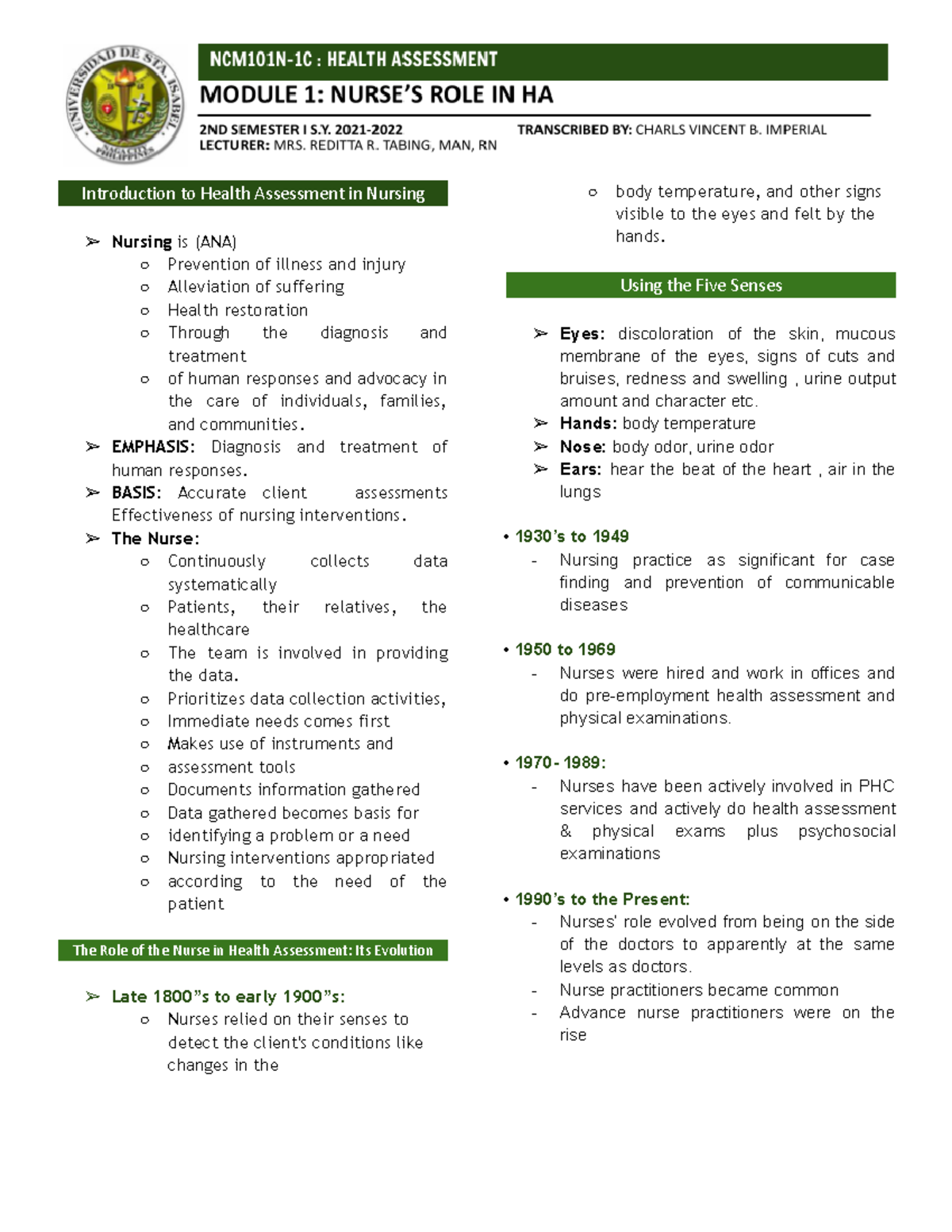 Module 1 Nurse’S ROLE IN HA - Introduction to Health Assessment in ...