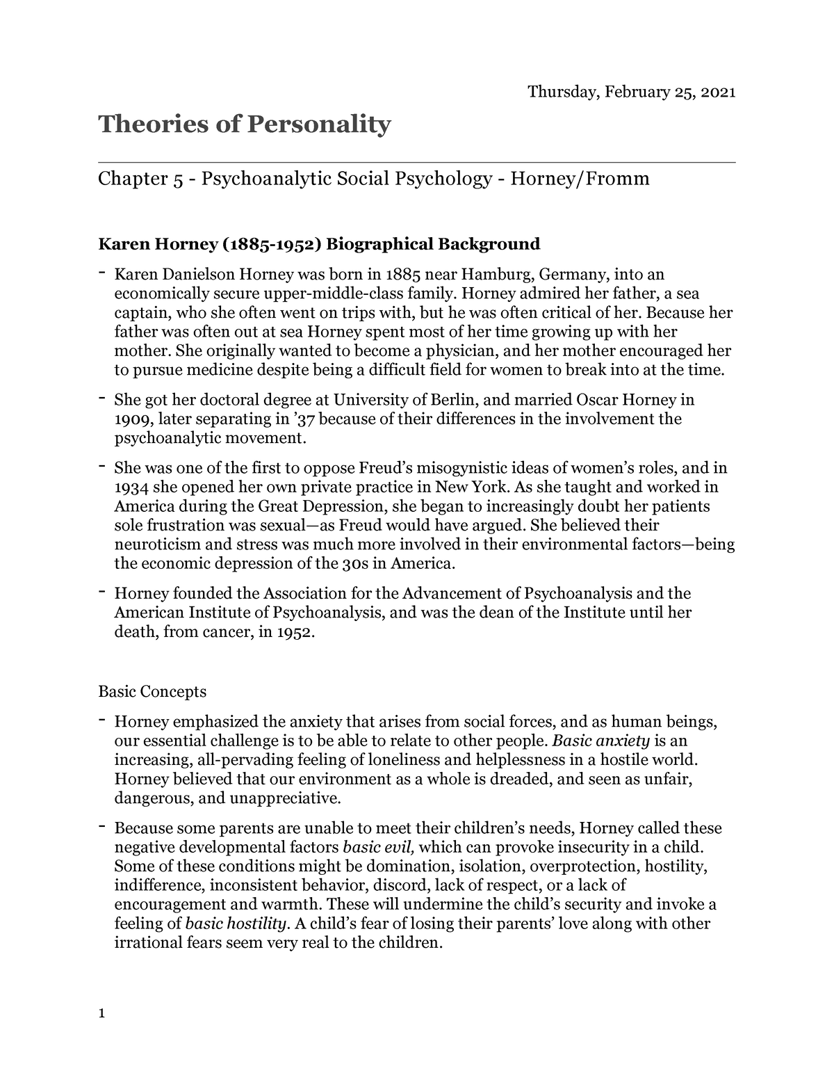 Theories of Personality Chapter 5 Notes - Horney, Fromm - Theories of ...