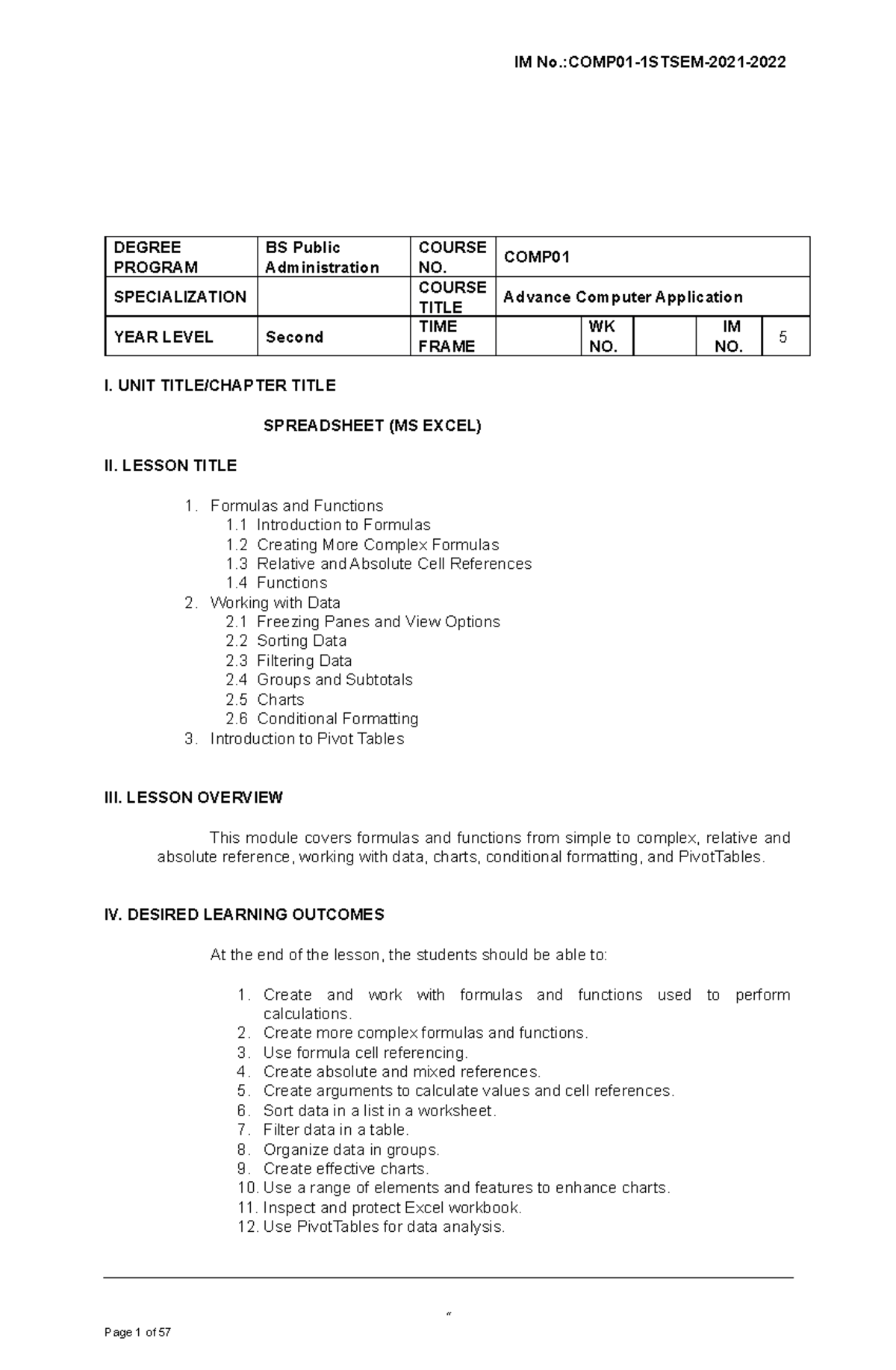 IM 5 - Excel formulas - DEGREE PROGRAM BS Public Administration COURSE ...