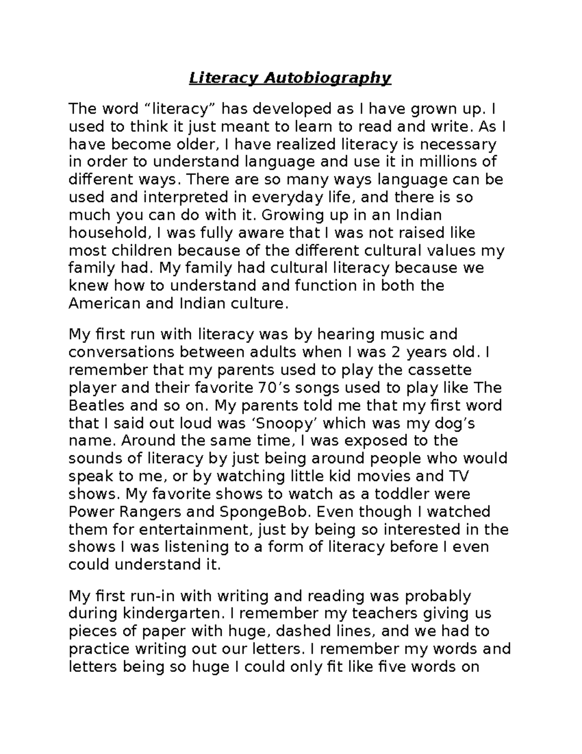 annotated Literacy Autobiography Literacy Autobiography The word